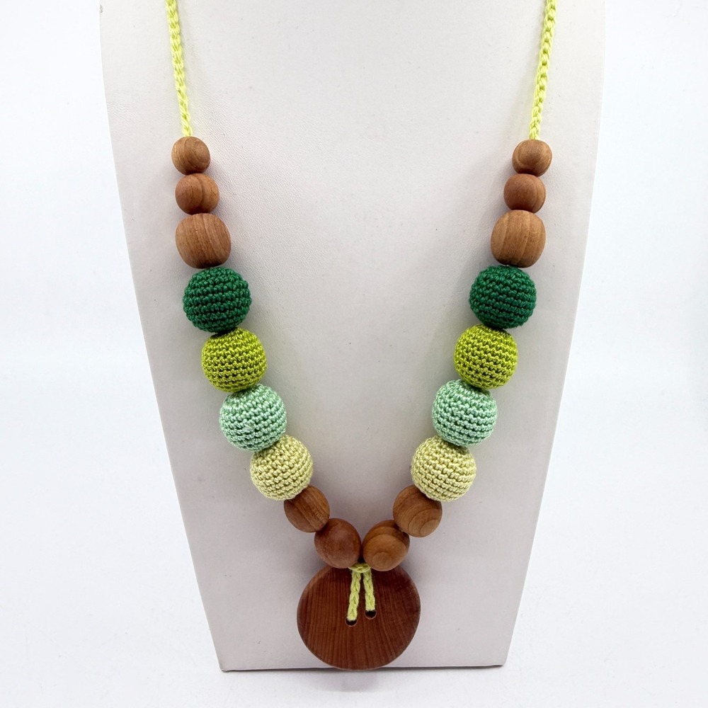 Y2K Ombre Green Crochet Bead & Wood Statement Necklace Artisan Jewelry Gift